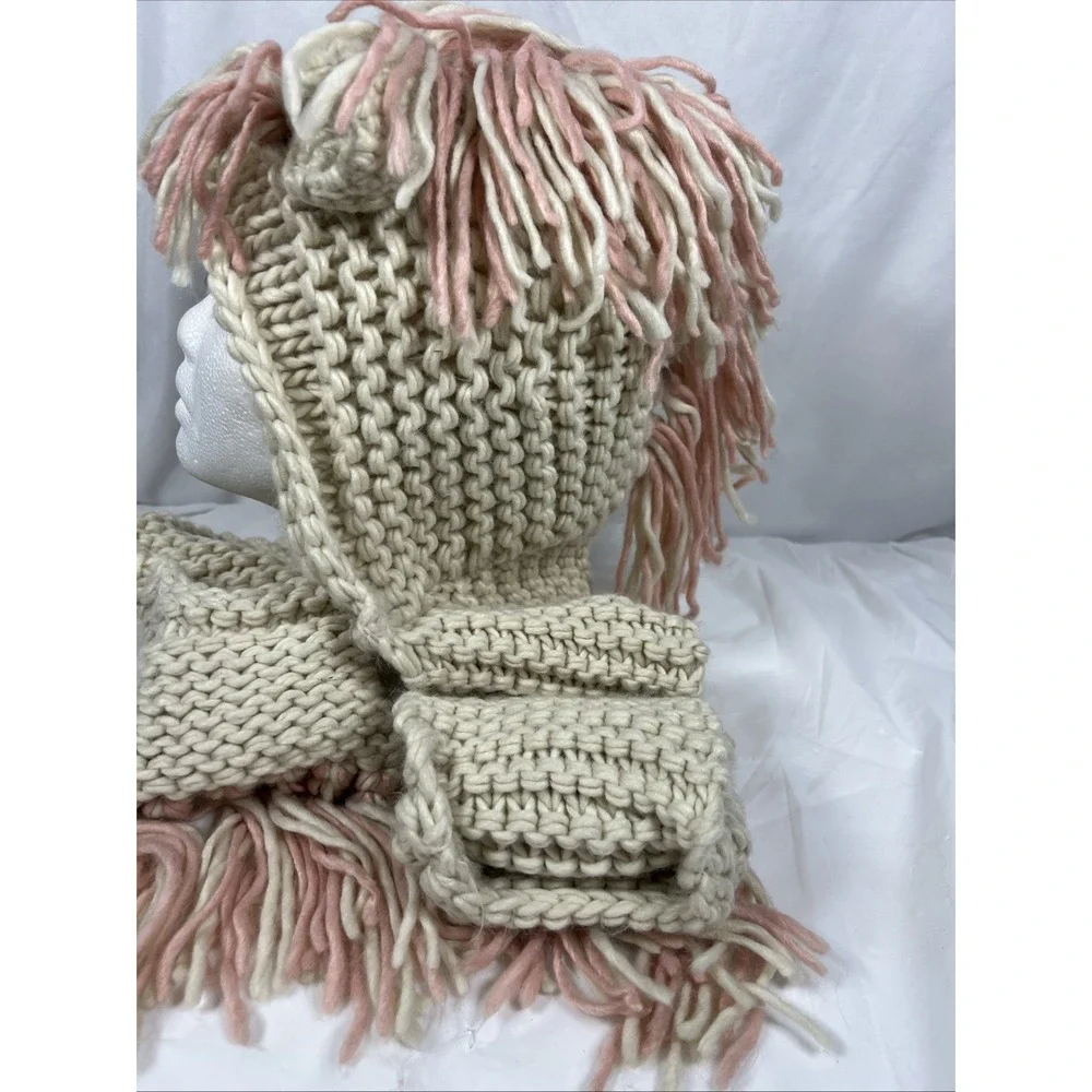 Girl's Crochet Hooded Scarf with‎ Ears/Mane/ Pink/Cream with Pockets